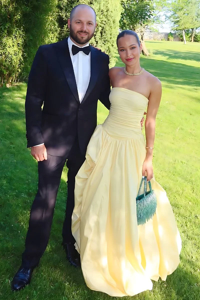 Yellow - Strapless A Line Satin Pleated Prom Dresses With Slit