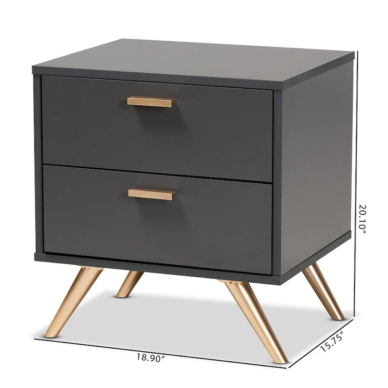 Kelson Modern Dark Grey and Gold Finished Wood 2-Drawer Nightstand