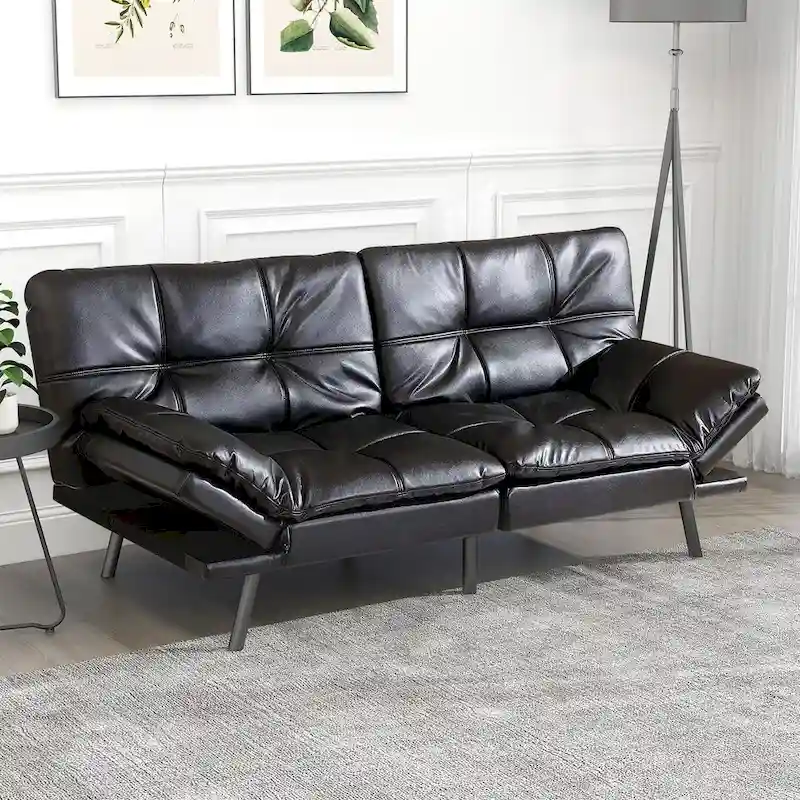 Leather Mattblack / Leather Black / Leather Upgraded Black Faux Leather Split-Back Futon Sofa Bed with Adjustable Armrests - Fits 2 People