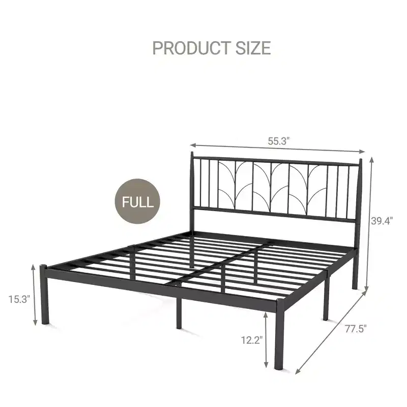 Full Size Bed Frame with Vintage Style Headboard/Mattress Foundation/Under Bed Storage/No Box Spring Needed/Strong Slat Support Black