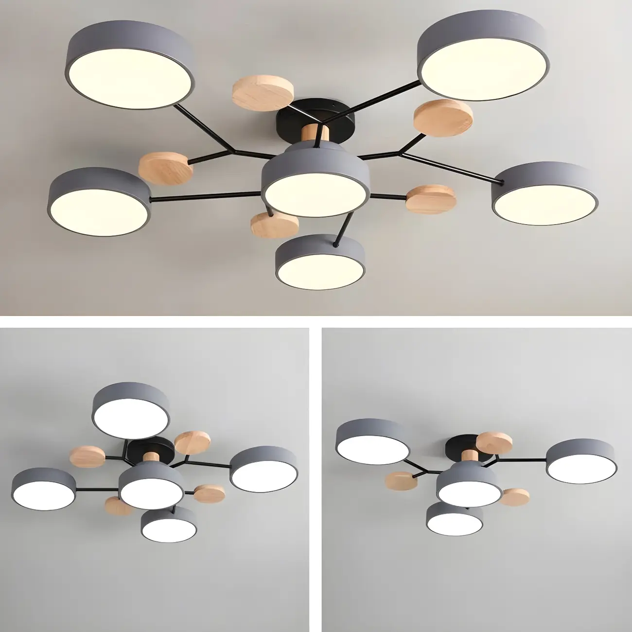 Large Gray Round Metal Semi-Flush Ceiling Light, 7-Light