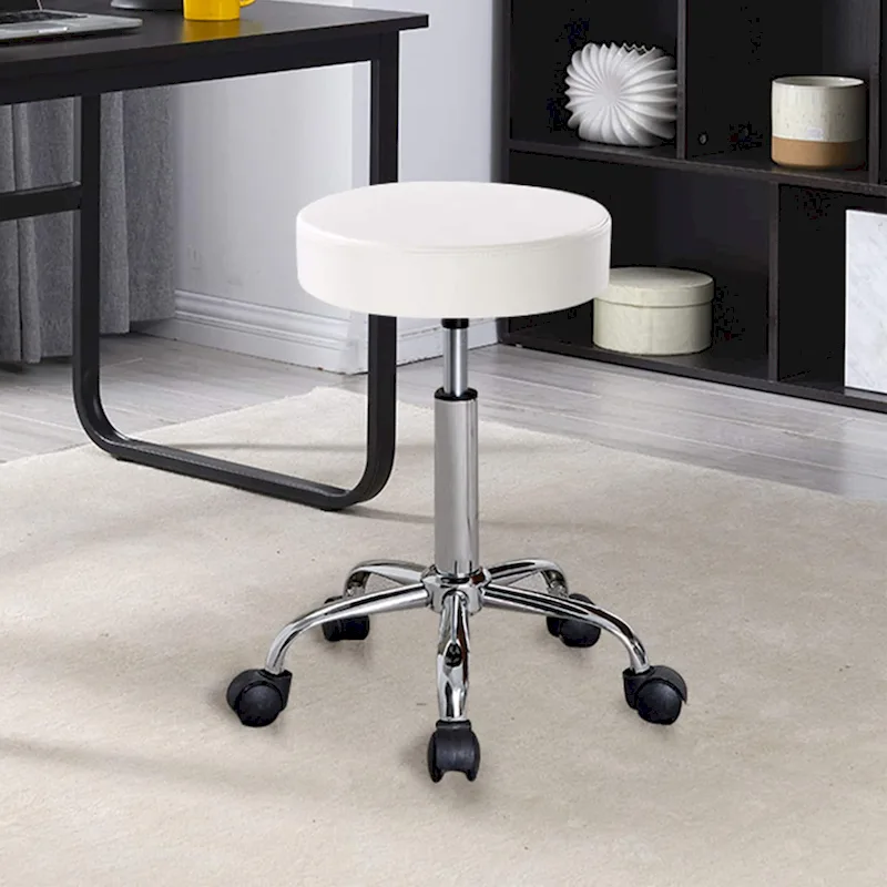 White & Black Backless Rolling Stool, PU Leather, Single