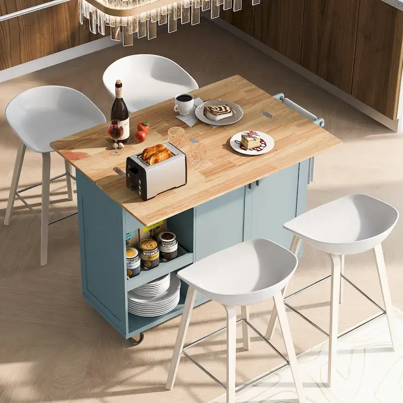 Kitchen Island with Foldable Counter Top, Kitchen Storage Cart with Slide-Out Shelf, Towel Rack and Drawer, Rolling Wheels