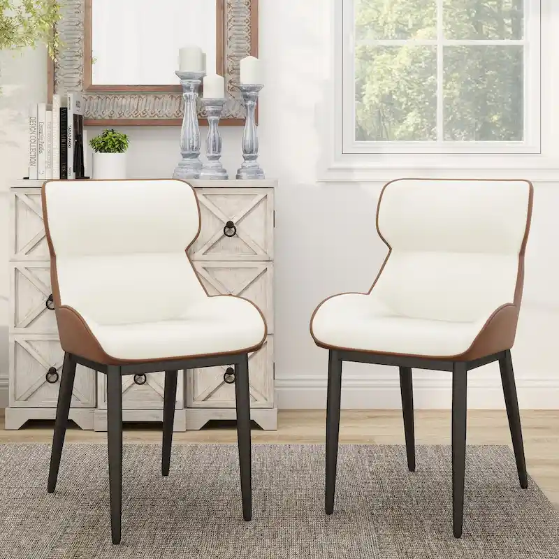 Set of 2 PU Upholstered Dining Chairs Modern Solid Back Chairs with Black Metal Legs