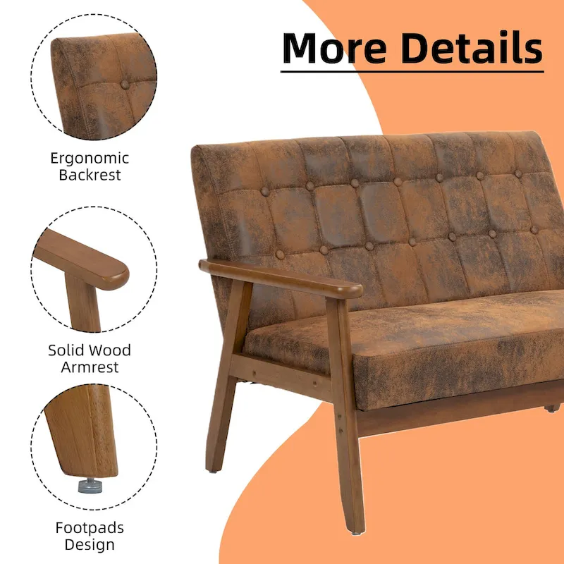 HOMEFUN Mid-Century Linen/PU Upholstered Wood Frame Tufted Loveseat Sofa