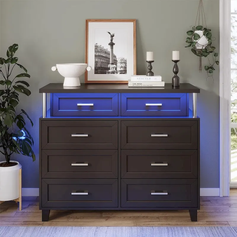 8-Drawer Dresser with RGB LED Lights & Column Design, Black/White, Single