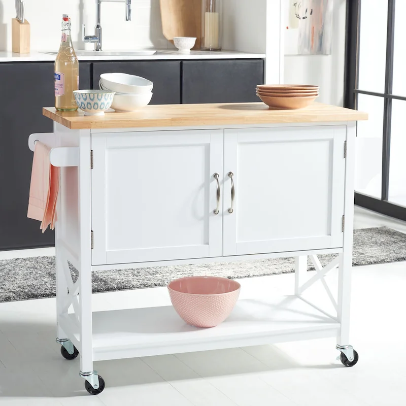 White/Natural 2-Door 1-Shelf Kitchen Cart, 1-Person