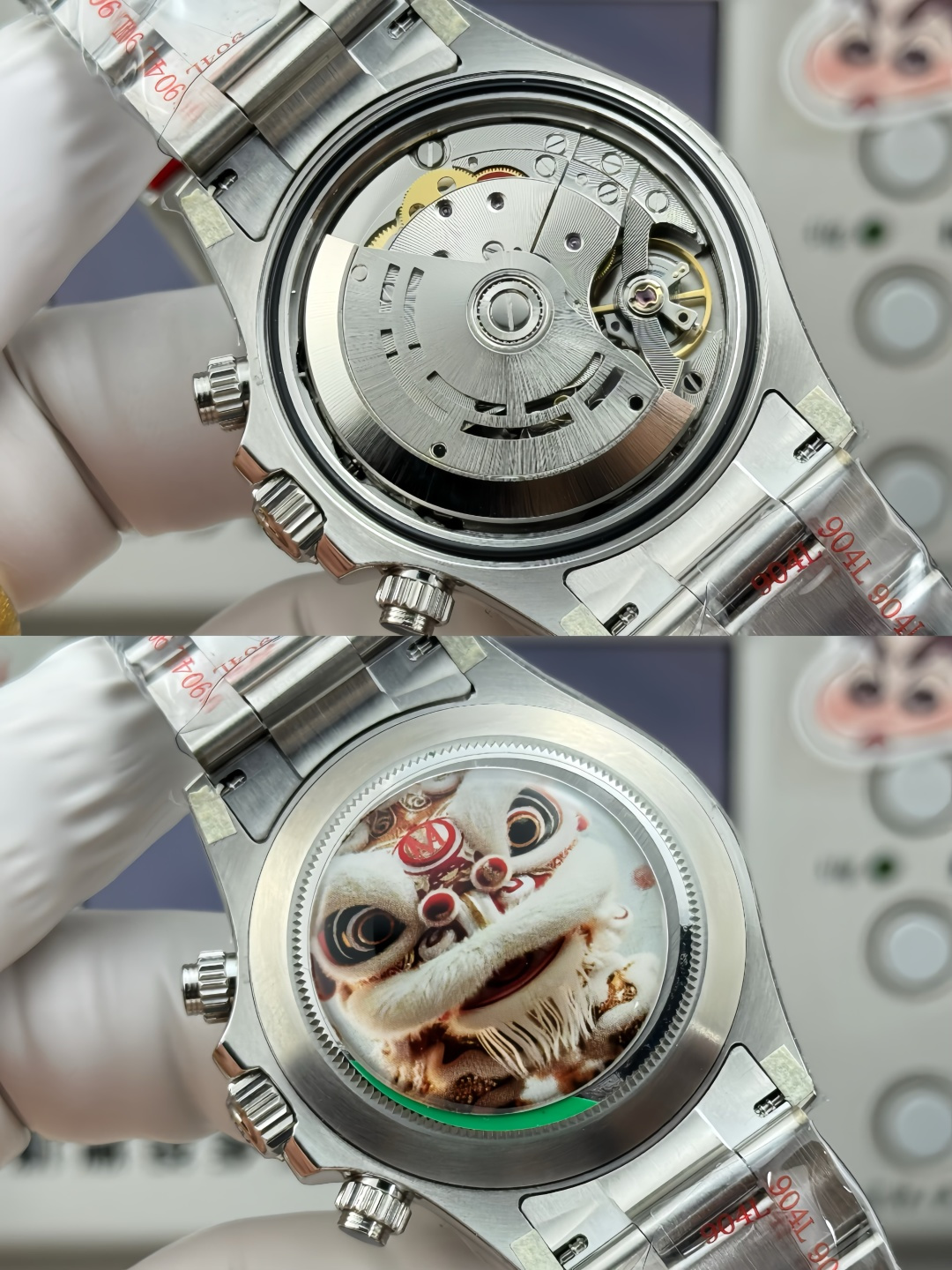 Exposed mechanical movement and artistic lion dance sapphire caseback of high-end Rolex replica showing 4130 clone details