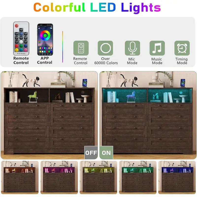 Modern Wood Dresser with 8 Drawers, Bedroom Dresser with Charging Station & LED Lights