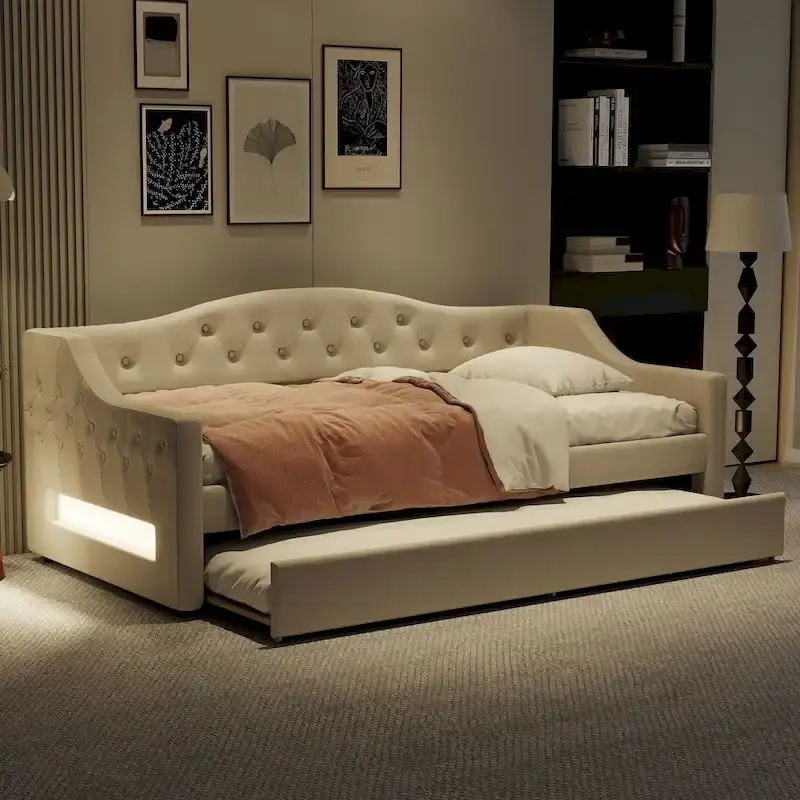 Linen Upholstered Twin XL Daybed with LED Lights and Trundle