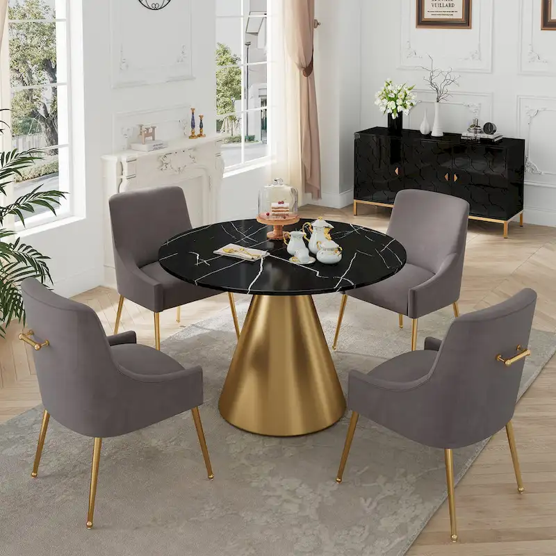 Clihome 5 Piece Black Marble Top Table with Velvet Dining Chair Set