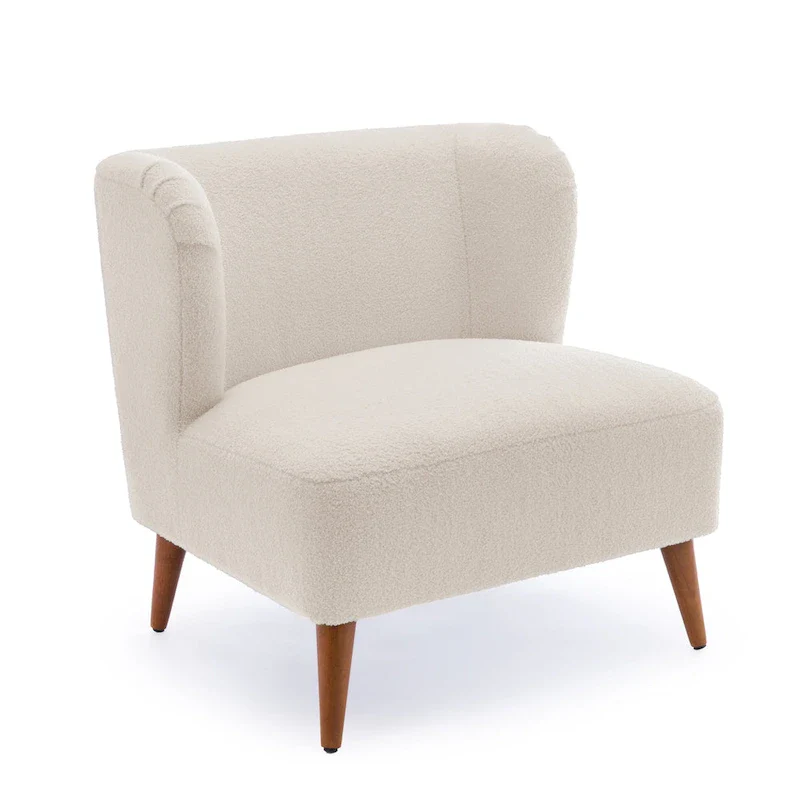 Gray / Milky White Boucle Fabric Mid-Century Accent Chair with Wrap-Around Back and Tapered Legs – 1 Person