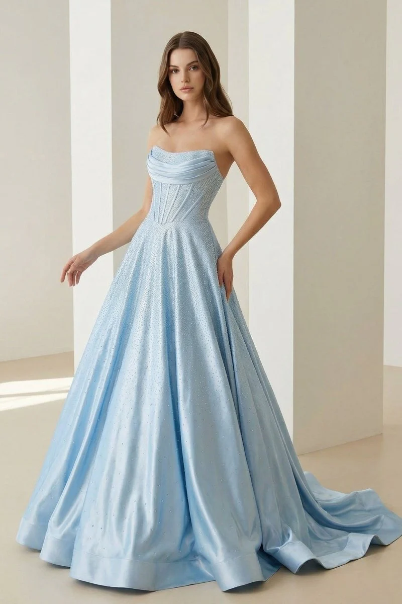 Sky Blue - Strapless A Line Satin Beaded Long Prom Dresses With Pockets