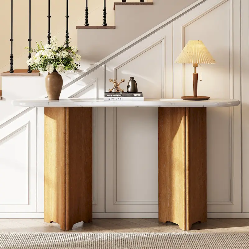 53.9  Console Table with Faux Marble Top & Wood Base