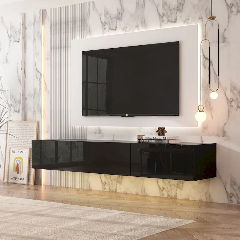 63 Floating Entertainment Center, Wall Mount LED TV Stand High Gloss