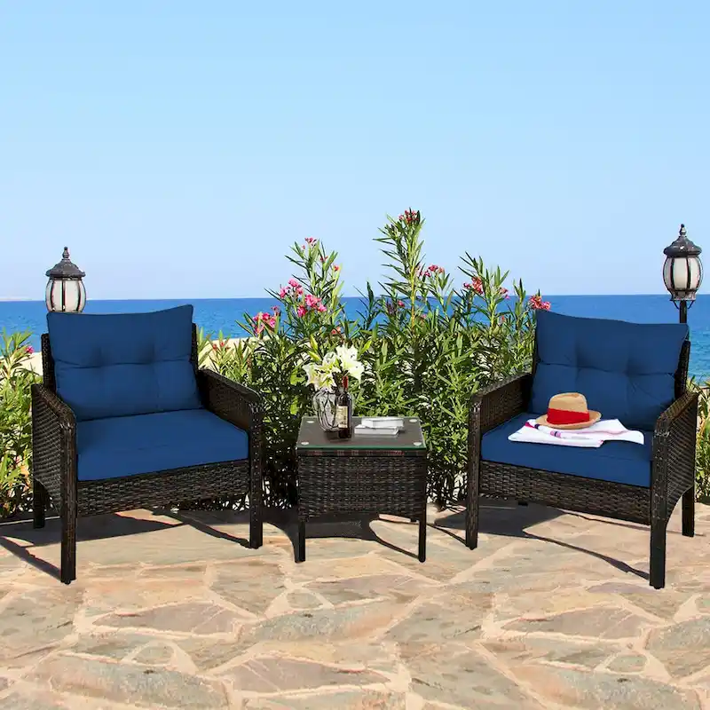 Gymax 3PCS Rattan Patio Conversation Furniture Set Yard Outdoor w/