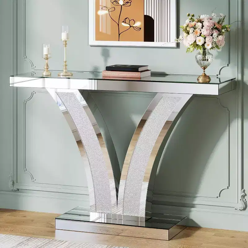 Lantine Mirrored Console Table, Modern Silver Entryway Sofa Table with Crystal Inlay Frames for Living Room, Hallway, Foyer