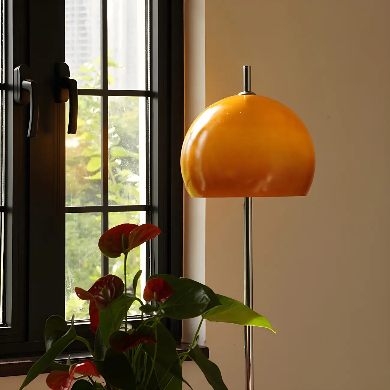 Contemporary Stand Up Floor Lamp with Amber Orange Glass Dome