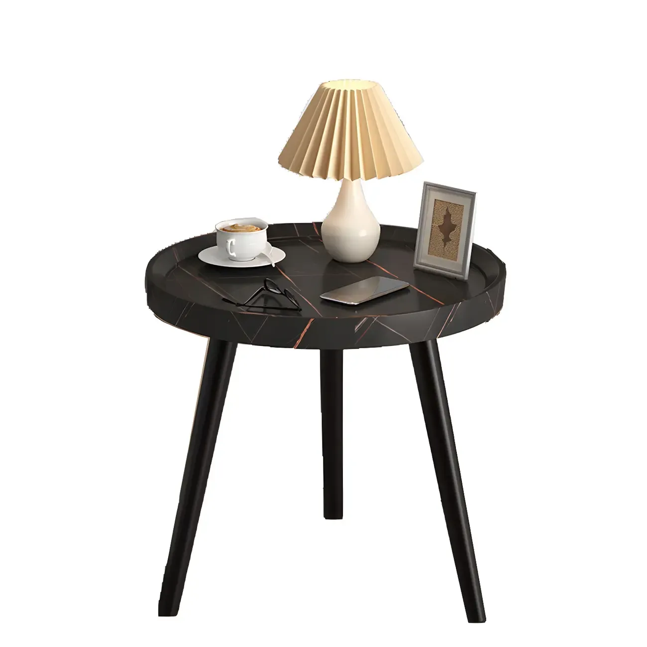 Natural Espresso Wood Small Round End Side Table with Tray Top & Shelf