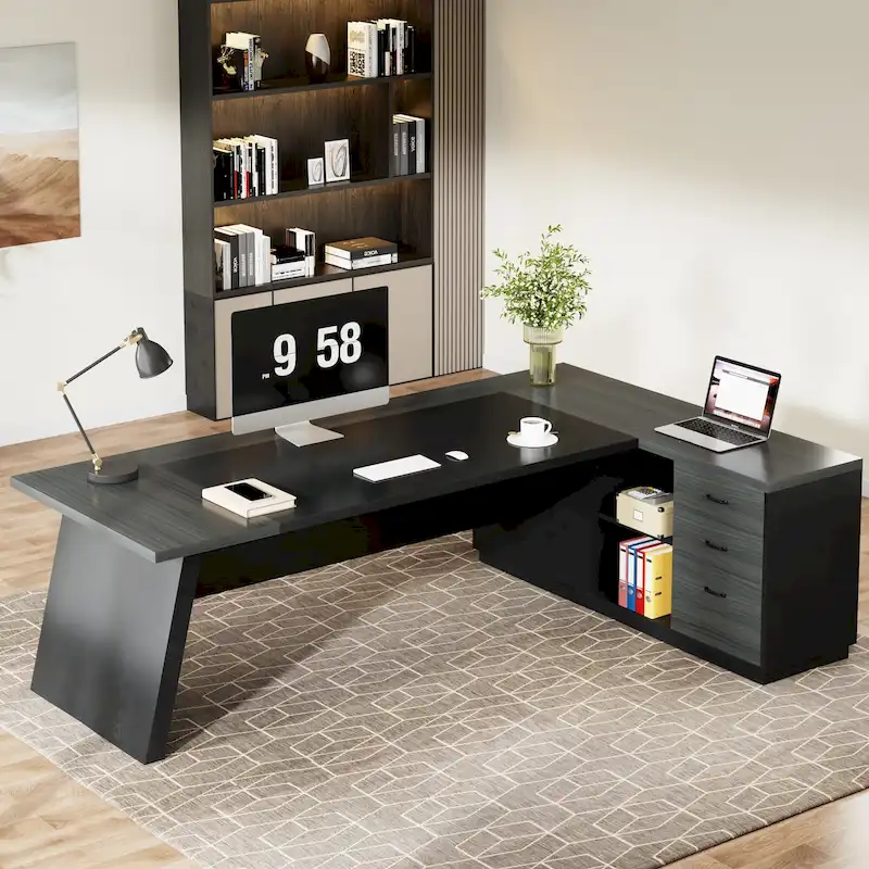 78.7-inch L Shaped Executive Desk with Drawers and Lateral File Cabinet