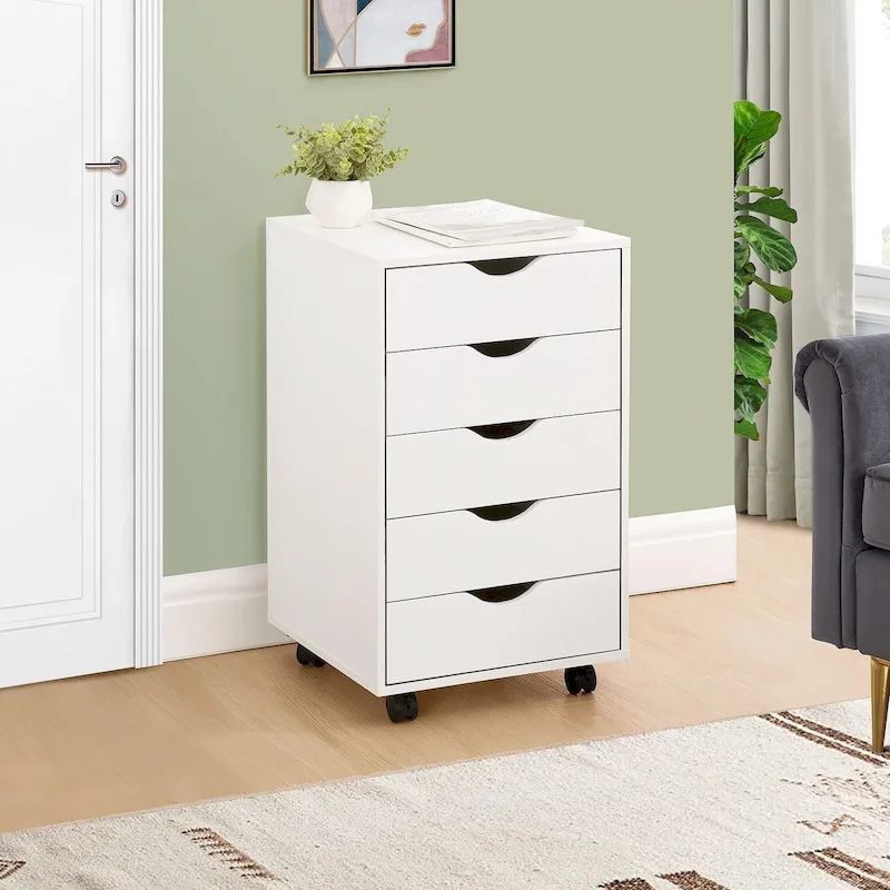 5-Drawer Wood Storage Chest with Wheels – White / Espresso / Gray Oak / Distressed Black / Natural / Brown Oak / Vintage Oak, 1-Person