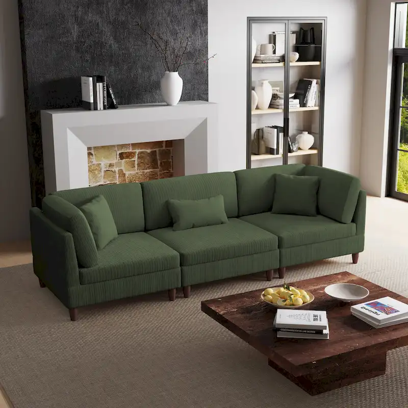 Corduroy Modular Sectional Sofa Set With Pillows
