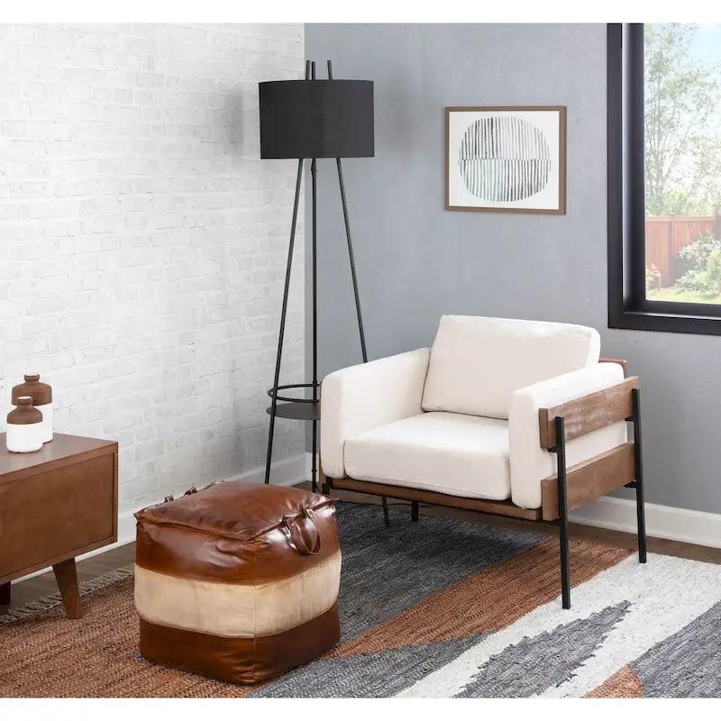 Industrial Pouf Ottoman in Leather and Canvas