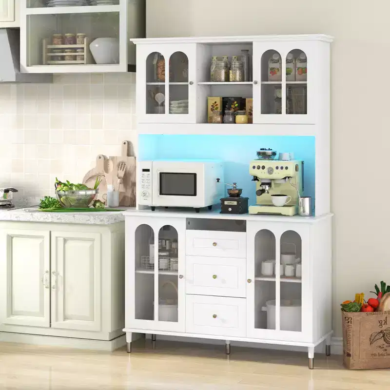 Costway 73 Kitchen Pantry Cabinet Kitchen Storage Hutch with LED lights USB Ports Type-C Port AC Outlets Kitchen Utility Cabinet with 3 Drawers