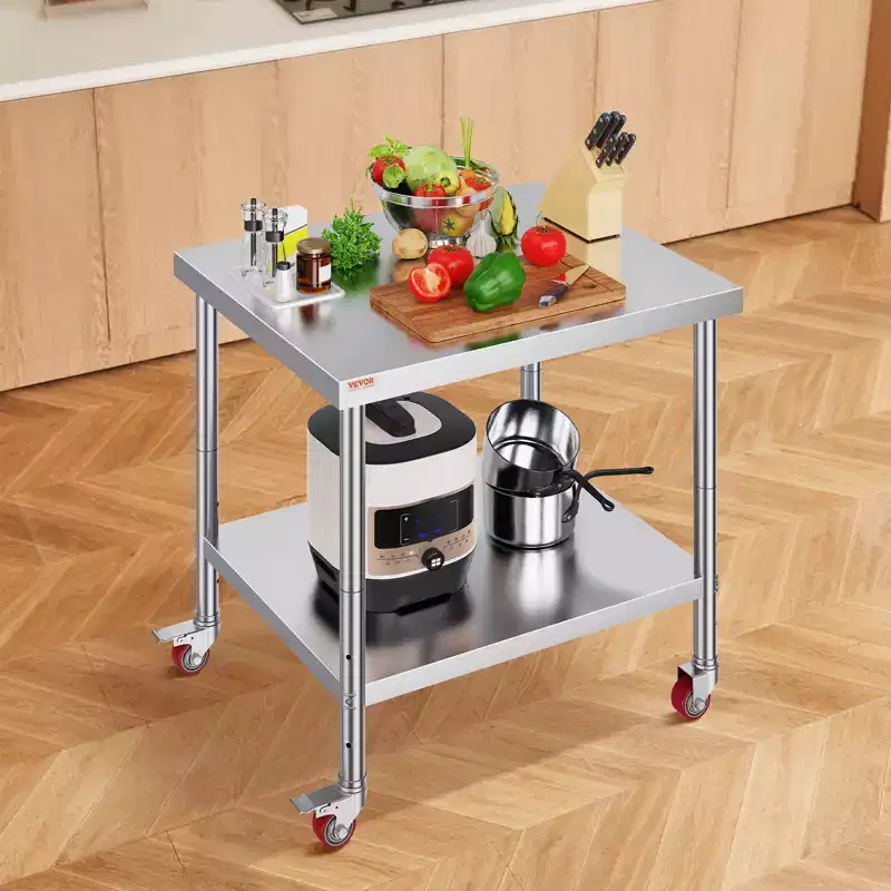 VEVOR Stainless Steel Work Table 36 x 30 x 34 Inch, 700 LBS Load Capacity with 4 Wheels, 3 Adjustable Height Levels, Silver