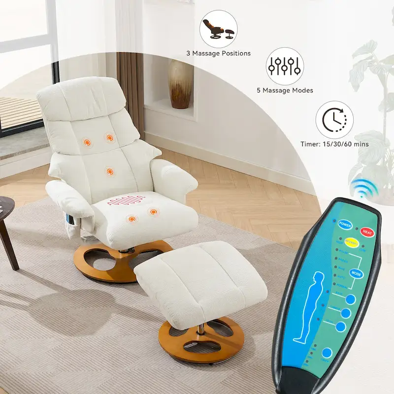 Heated Massage Armchair Chenille Fabric Seating Swivel Recliner Chair with Ottoman, Adjustable Backrest and Remote