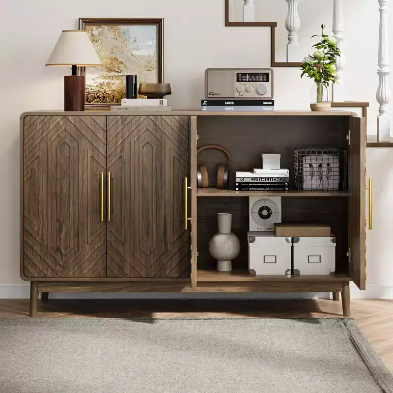MAYEERTY Sideboard Buffet Cabinet with Carved 4 Door Adjustable Layer Board for Living Room Kitchen Dining Room Walnut