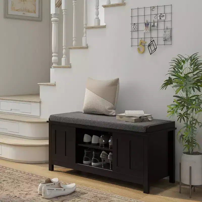 Modern Shoe Storage Bench, Entry Way Bench with Cushion, 2 Sliding Doors, Storage Ottoman Bench, Holds 10 Pairs