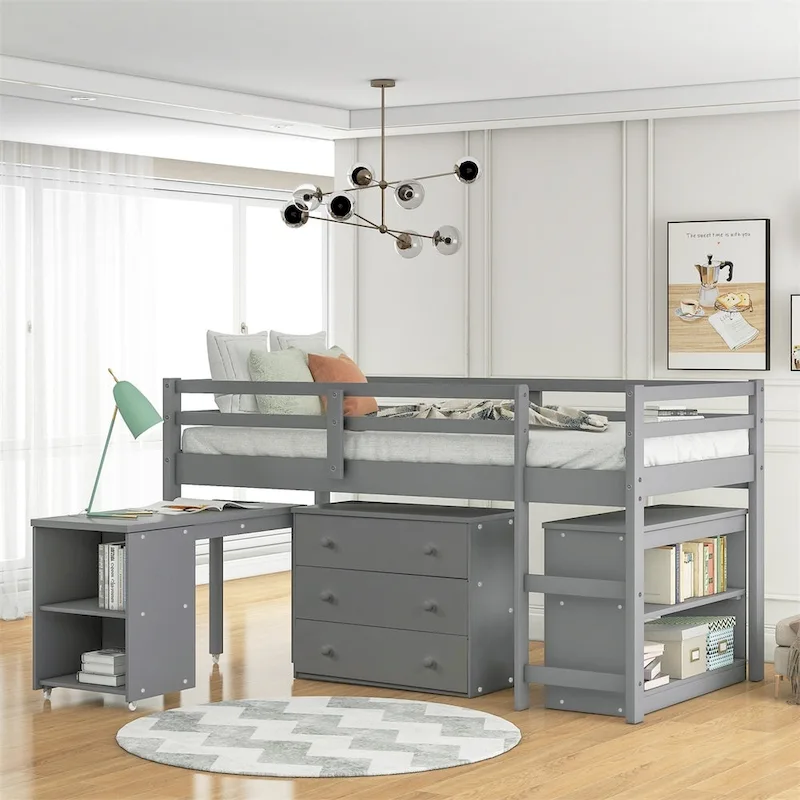 Twin Low Loft Bed with Desk & Cabinet – Espresso / White / Grey, Single