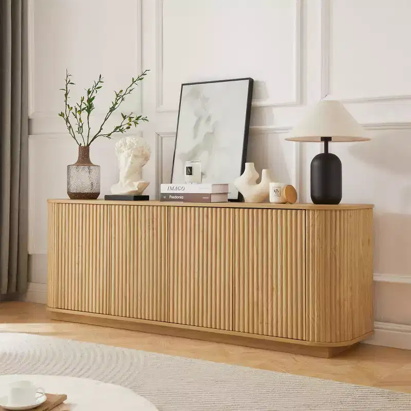 JVNOXK Sideboard Storage Cabinet TV Stand with wave pattern Buffet Cabinet Wooden Vertical Striped Cabinet for Kitchen/Bedroom/Entryway. Natural