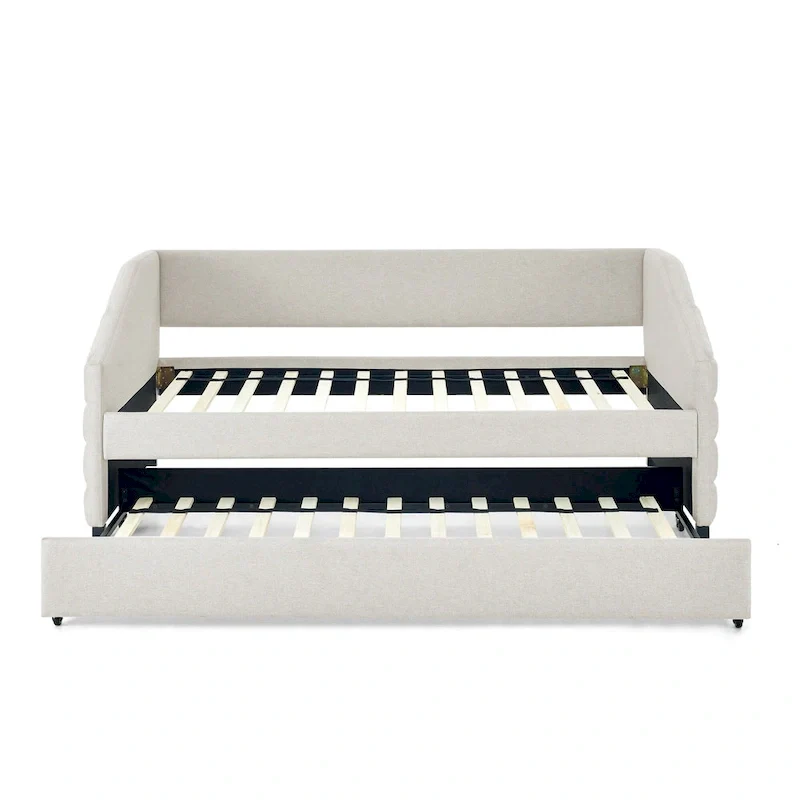 Beige Twin Linen Daybed with Pull-Out Trundle