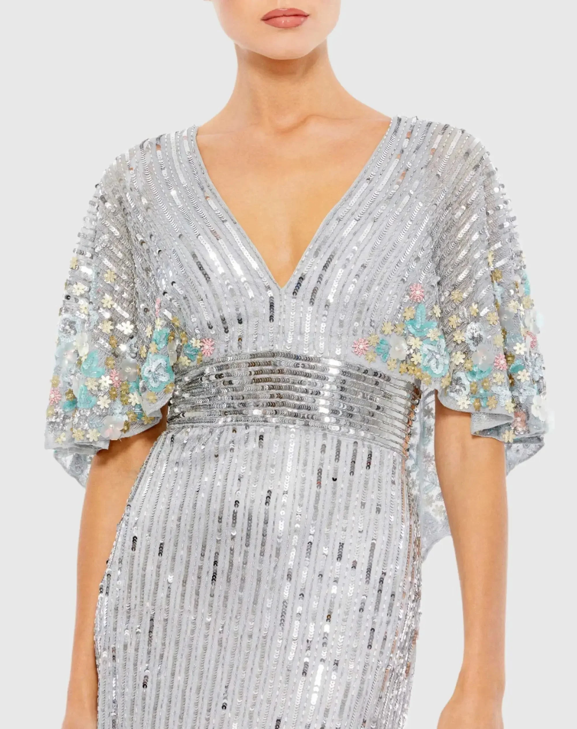 Silver Sequined V Neck Floral Embellished Cape Sleeve Gown
