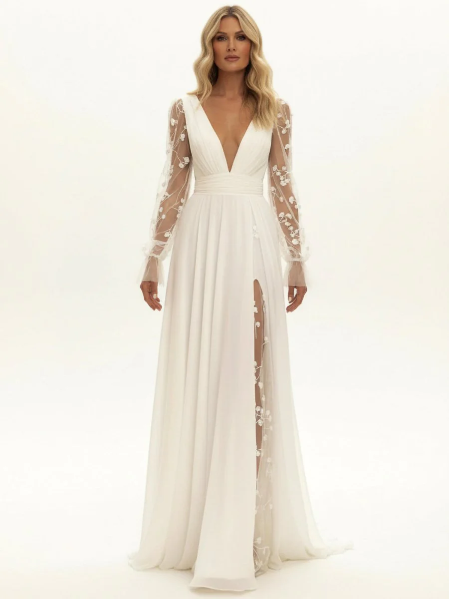 Long Sleeve Boho Flowy Wedding Dress Lace A-Line V-Neck Beach Gown with Split Front and Sweep Train