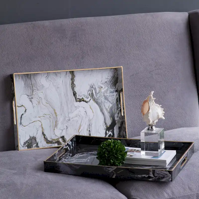 A&B Home Quinn Black and White Marble Rectangular Trays