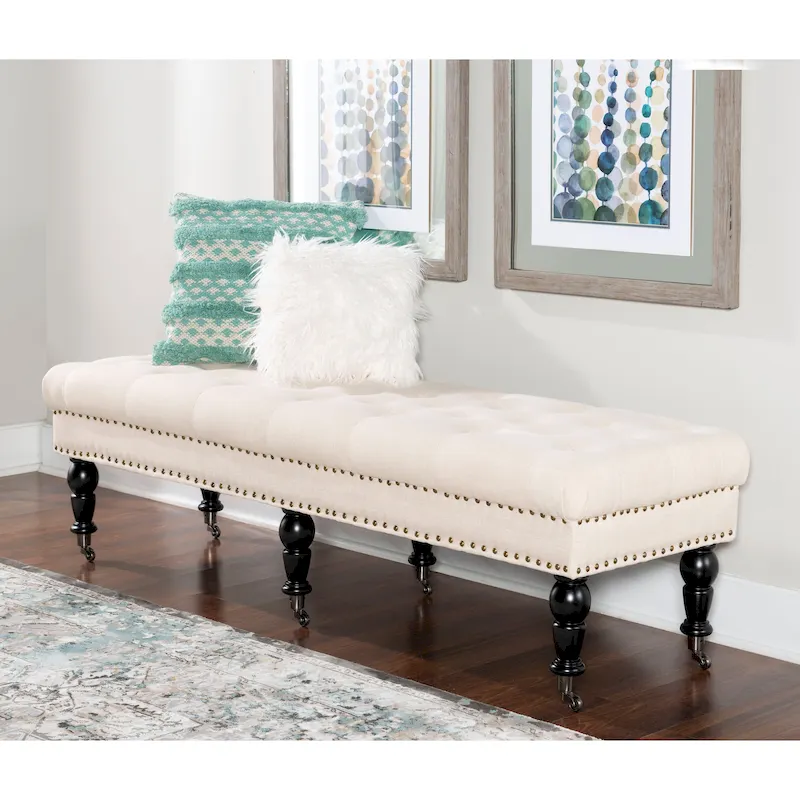 Tufted Linen Entryway Bench – Off-White, Button-Tufted, Seats 2