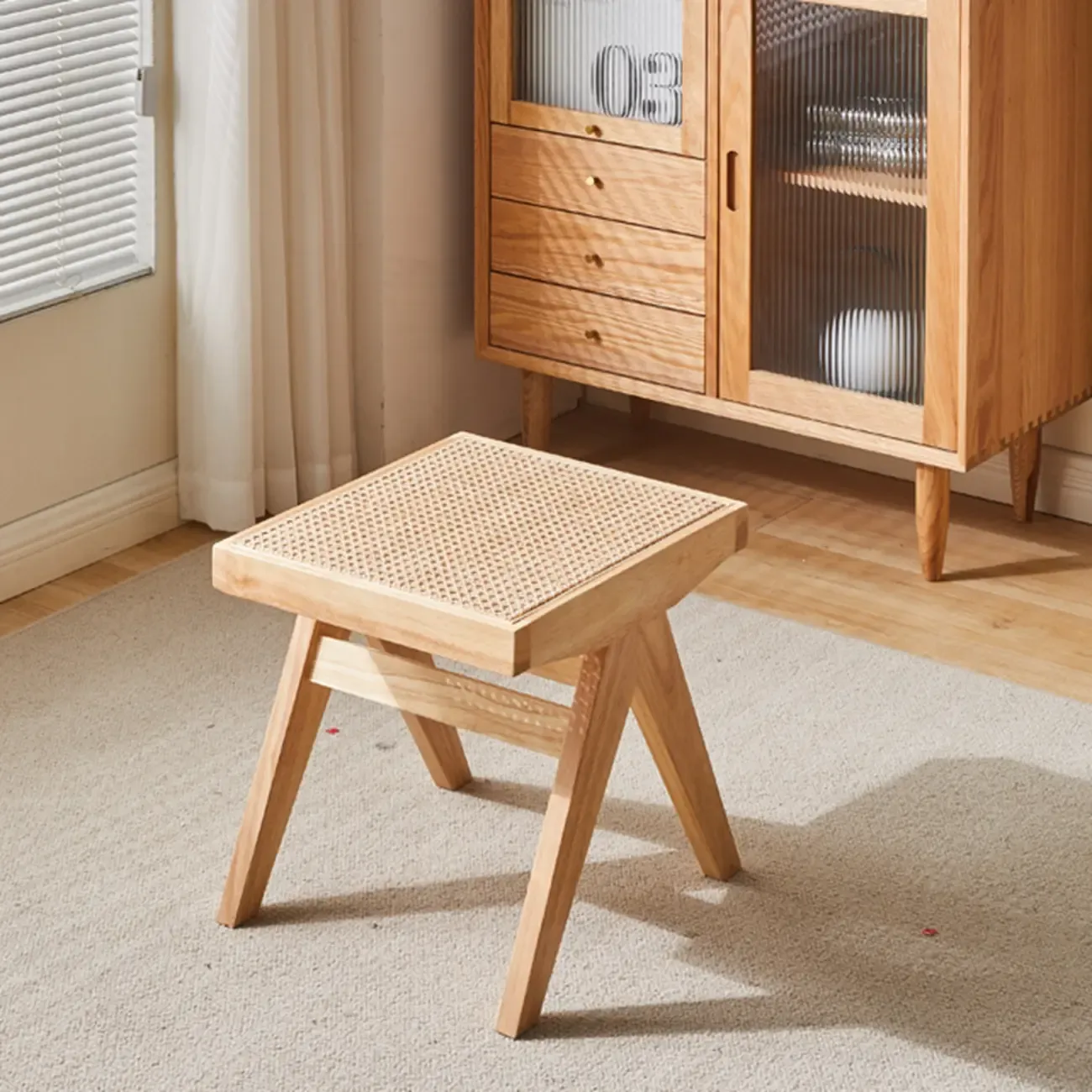 Elegant Rattan Top Finish Wooden Rectangular Cherry Benches