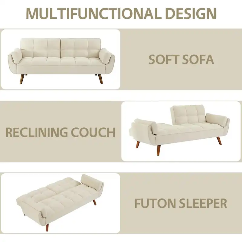 75.39 IN. Futon Sofa Bed, Convertible Upholstered Couch Sleeper with Reclining Sleeper Split Tufted Back
