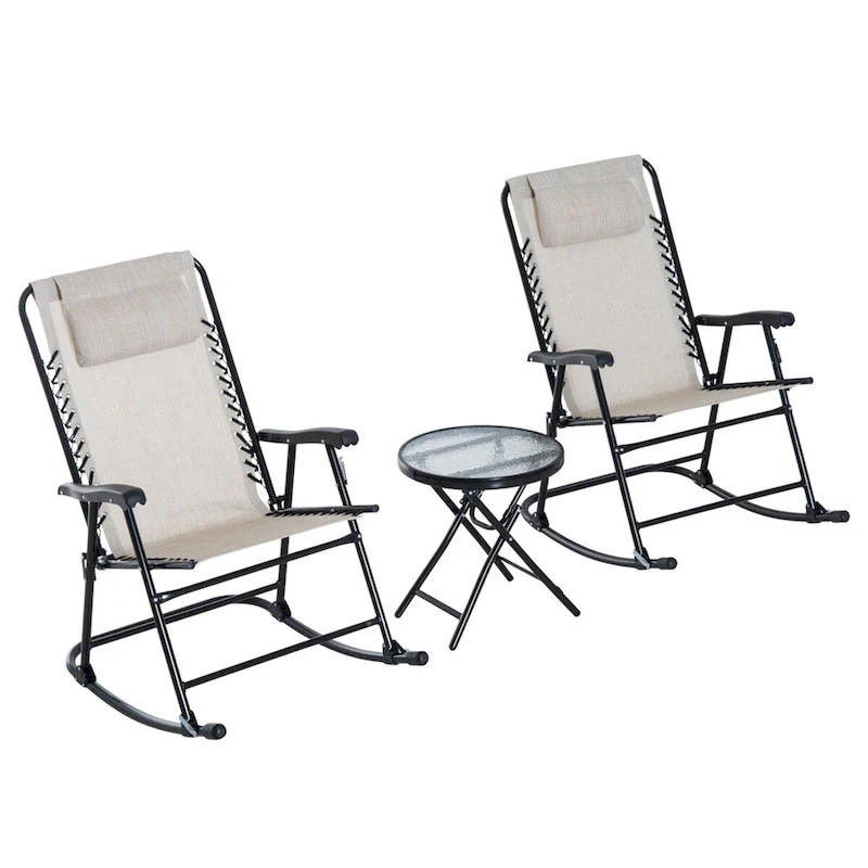 Outsunny 3 Piece Outdoor Rocking Chair Set with Glass Coffee Table