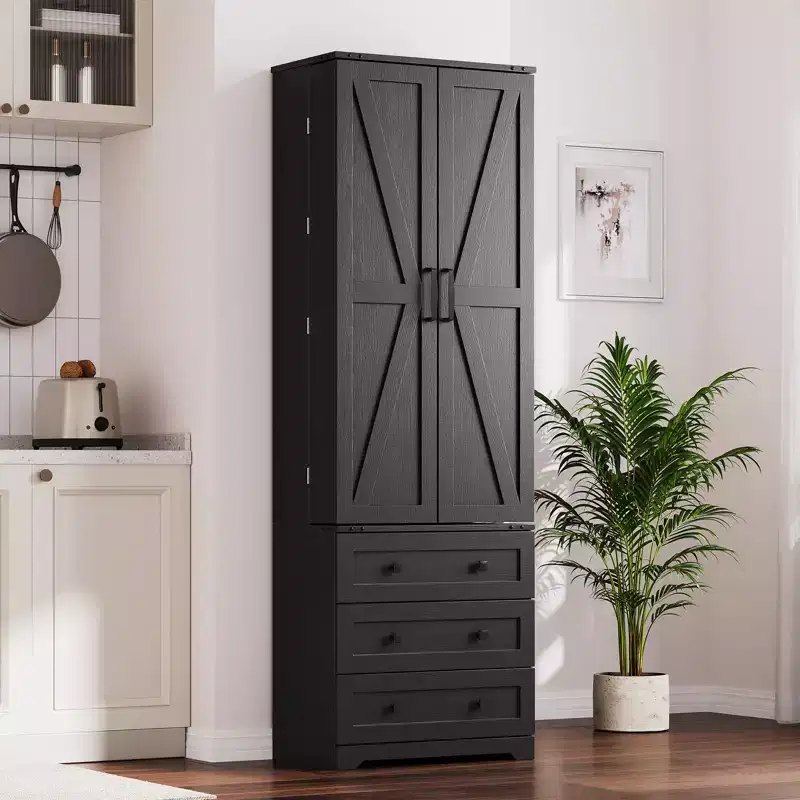 72H Kitchen Pantry Cabinet, Freestanding Cupboard Storage Cabinet with Adjustable Shelves &3 Drawers, Wooden Coffee Bar Cabinet for Living Room