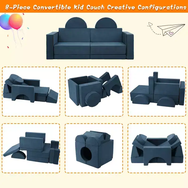 Play Couch, 8 PCS Toddler Couch Modular Kids Play Couch Sofa for Playroom Nursery, Kids Convertible Sofa with Removable Cover