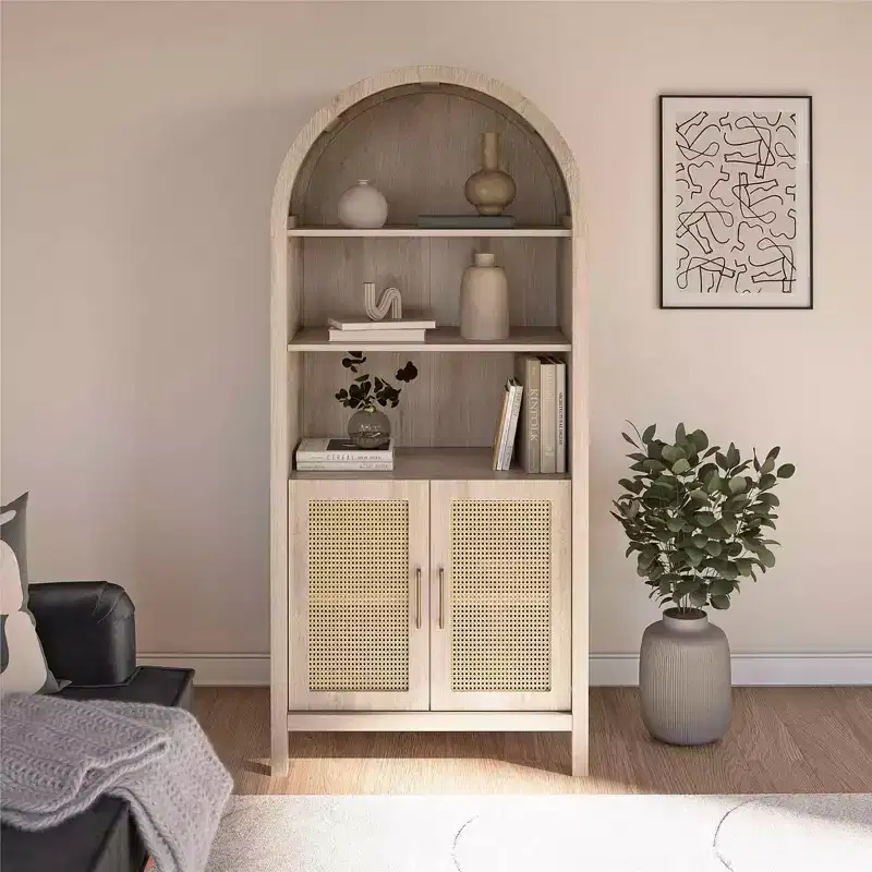 MAYEERTY Bohemian Arched Display Cabinet with 2 Faux Rattan Doors 5 Adjustable Shelves for Living Room Kitchen Beige