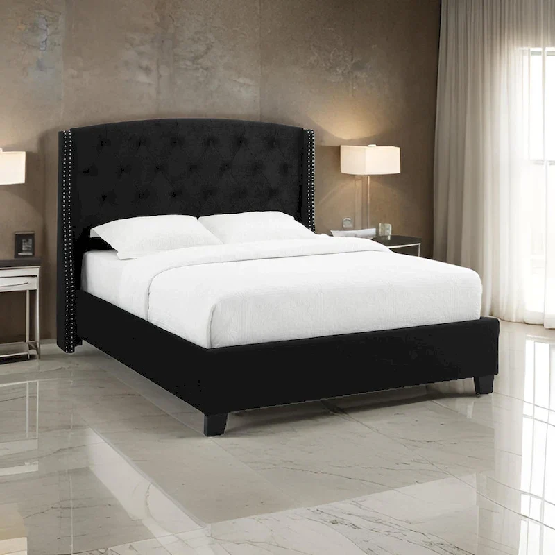 Black Queen Low Profile Bed with Button-Tufted Wingback Headboard & Nailhead Trim