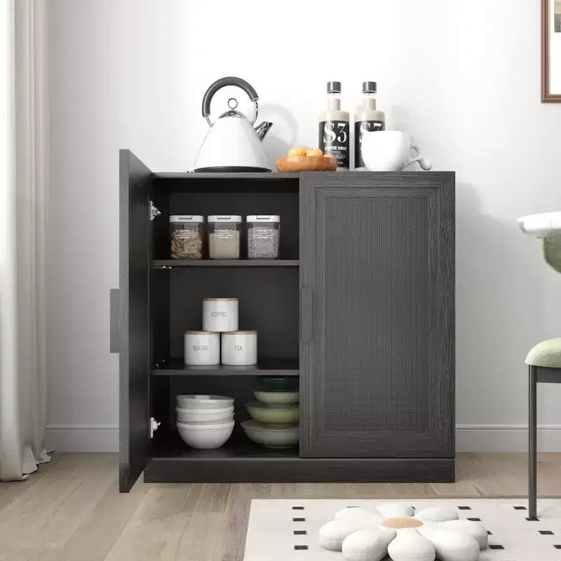 PexFix 31 Modular Sideboard Cabinet with Storage Modern Farmhouse Buffet Cabinet with Rattan Doors for Living Room Kitchen Dining Room Entryway Black