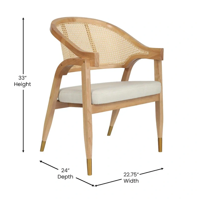 Cane Rattan Dining Chair with Upholstered Seat and Armrests
