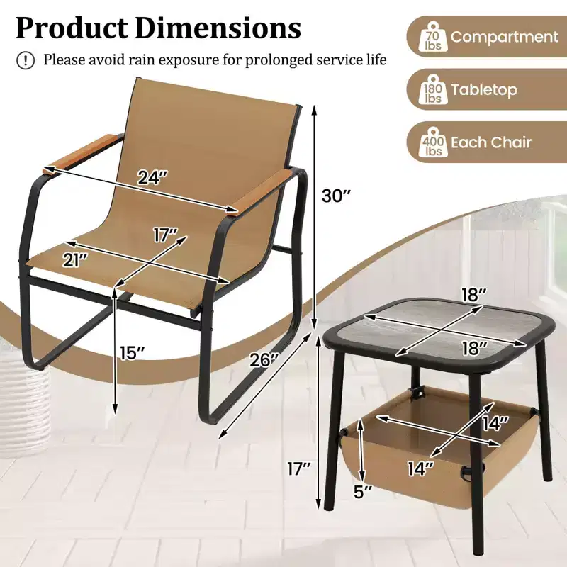 Costway 3 PCS Patio Furniture Set with Breathable Mesh Fabric and Metal Frame Garden