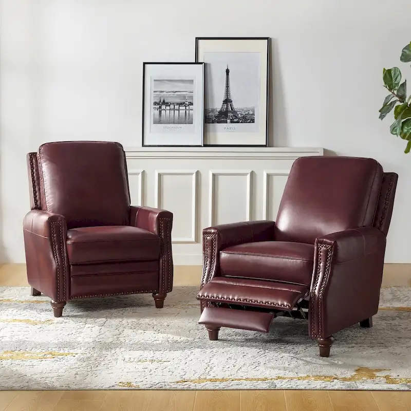 Cigar Mid-century Modern Genuine Leather Recliner with Nailhead Trim Set of 2 by HULALA HOME